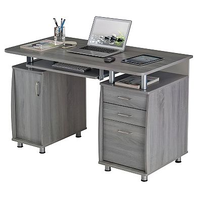 Workstation Desk with Slide-Out Keyboard, Storage Drawers, and CPU Cabinet - Grey