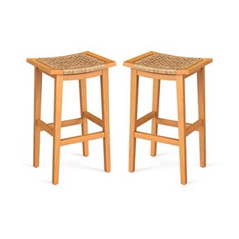 Set of 2 Acacia Wood Bar Stools with Rattan Saddle Seat