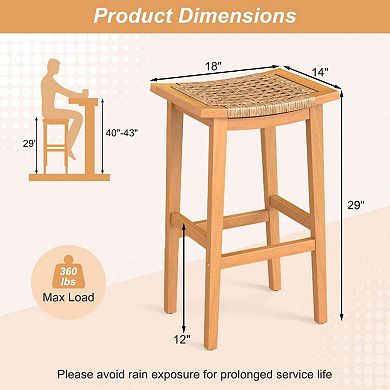Set of 2 Acacia Wood Bar Stools with Rattan Saddle Seat