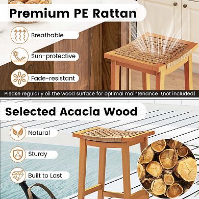 Set of 2 Acacia Wood Bar Stools with Rattan Saddle Seat