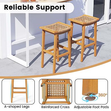 Set of 2 Acacia Wood Bar Stools with Rattan Saddle Seat