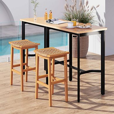 Set of 2 Acacia Wood Bar Stools with Rattan Saddle Seat