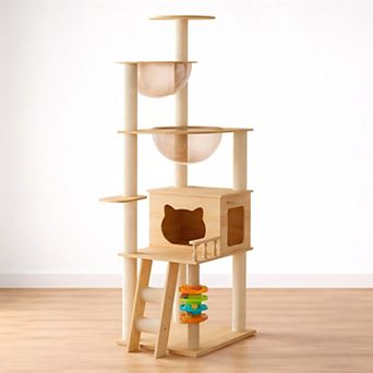 Heybly 59 in Wooden Cat Tree Tower with Sisal Scratching Posts, Top Perch and Acrylic Hammock Cat