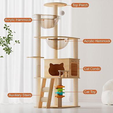 Heybly 59 In Wooden Cat Tree Tower with Sisal Scratching Posts, Top Perch and Acrylic Hammock Cat