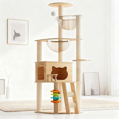 Heybly 59 In Wooden Cat Tree Tower with Sisal Scratching Posts, Top Perch and Acrylic Hammock Cat