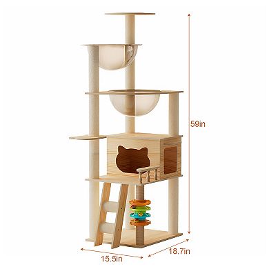 Heybly 59 In Wooden Cat Tree Tower with Sisal Scratching Posts, Top Perch and Acrylic Hammock Cat
