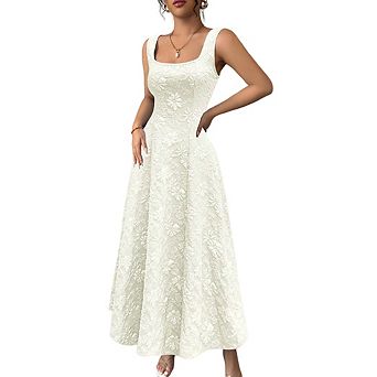 Women's Square Neck Sleeveless Floral Embossed Fit & Flare Maxi Dress, Elegant Formal Party Gown