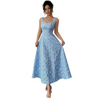Women's Square Neck Sleeveless Floral Embossed Fit & Flare Maxi Dress, Elegant Formal Party Gown