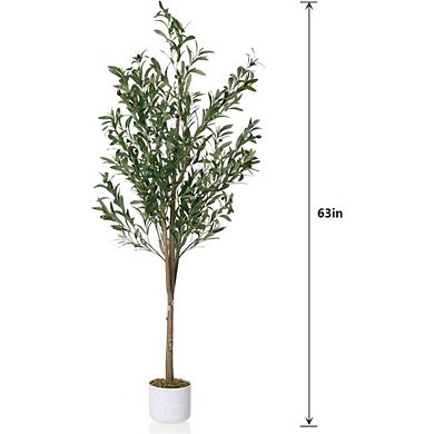 5.3ft Faux Olive Tree with White Planter, Realistic Leaves & Fruits