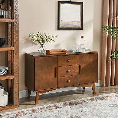 KWPZQEB Mid Century Walnut 2 Doors Kitchen Pantry Storage Cabinet with 3 Drawers