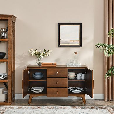 KWPZQEB Mid Century Walnut 2 Doors Kitchen Pantry Storage Cabinet with 3 Drawers