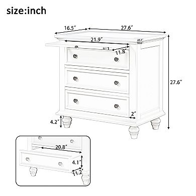 3-Drawer Nightstand with Pull-out Tray, Pine Veneer Side Table for Bedroom, Living Room, Office