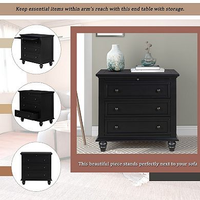 3-Drawer Nightstand with Pull-out Tray, Pine Veneer Side Table for Bedroom, Living Room, Office