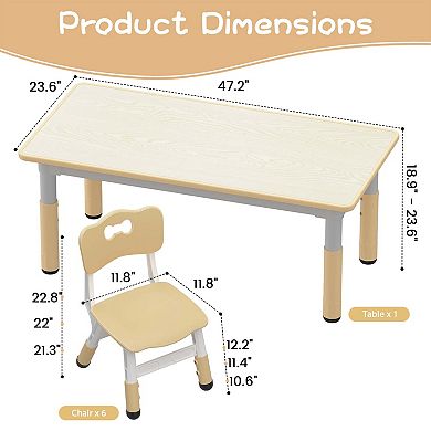 Kids Table and 6 Chairs Set, Height Adjustable Toddler Table and Chair Set, Graffiti Desktop