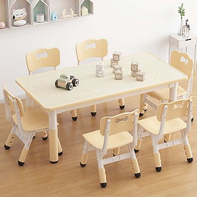 Kids Table and 6 Chairs Set, Height Adjustable Toddler Table and Chair Set, Graffiti Desktop