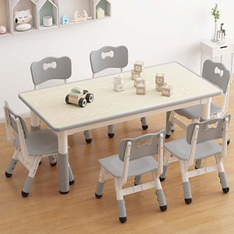 Kids Table and 6 Chairs Set, Height Adjustable Toddler Table and Chair Set, Graffiti Desktop