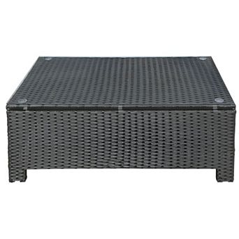 Patio Coffee Table with Glass Top, PE Rattan Outdoor Table for Deck or Balcony - Black