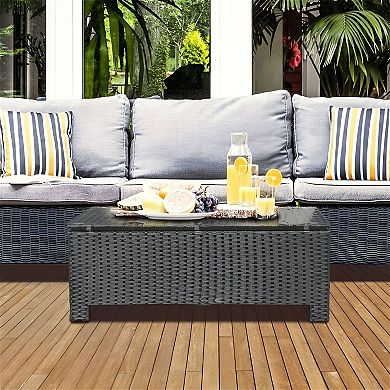 Patio Coffee Table with Glass Top, PE Rattan Outdoor Table for Deck or Balcony - Black