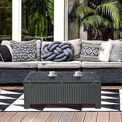Patio Coffee Table with Glass Top, PE Rattan Outdoor Table for Deck or Balcony - Black