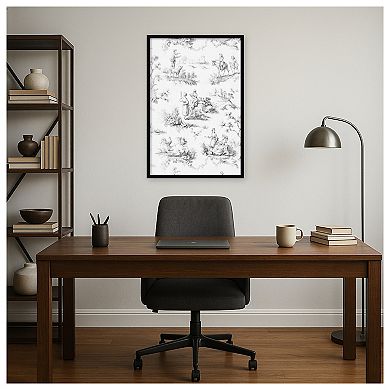 Amanti Art Framed Fabric Pinboard, Toile Design in Grey Printed Bulletin Board