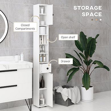 Tall Narrow Bathroom Storage Cabinet, Slim Tower with Shelves and Doors