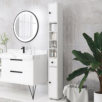 Tall Narrow Bathroom Storage Cabinet, Slim Tower with Shelves and Doors