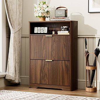 Slim Hidden Shoe Cabinet with 2 Flip Drawers, for Hallway & Foyer, Ideal for Families & Small Spaces