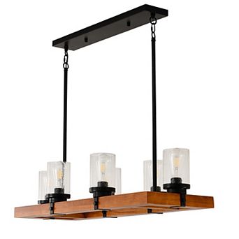 6-Light Rustic Farmhouse Solid Wood Rectangular Kitchen Island Chandelier with Seeded Glass