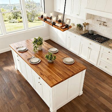 6-Light Rustic Farmhouse Solid Wood Rectangular Kitchen Island Chandelier with Seeded Glass