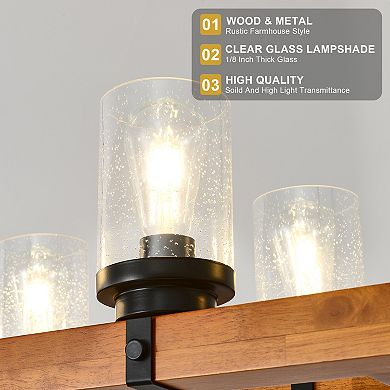 6-Light Rustic Farmhouse Solid Wood Rectangular Kitchen Island Chandelier with Seeded Glass