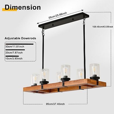 6-Light Rustic Farmhouse Solid Wood Rectangular Kitchen Island Chandelier with Seeded Glass