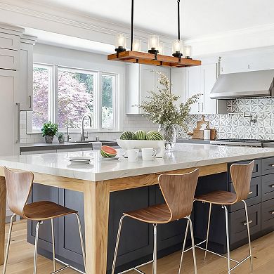 6-Light Rustic Farmhouse Solid Wood Rectangular Kitchen Island Chandelier with Seeded Glass