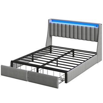 lufeiya Full/Queen Upholstered Storage Bed Frame with LED Lights,Charging Station,2 Drawers,Shelves