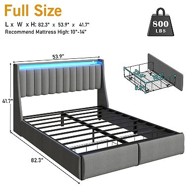 lufeiya Full/Queen Upholstered Storage Bed Frame with LED Lights,Charging Station,2 Drawers,Shelves
