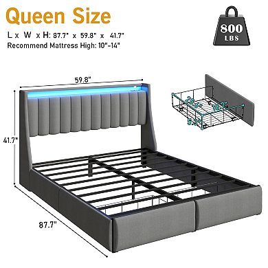 lufeiya Full/Queen Upholstered Storage Bed Frame with LED Lights,Charging Station,2 Drawers,Shelves
