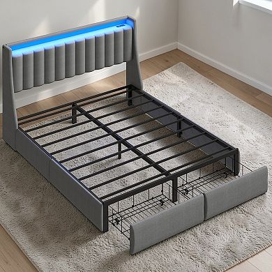 lufeiya Full/Queen Upholstered Storage Bed Frame with LED Lights,Charging Station,2 Drawers,Shelves