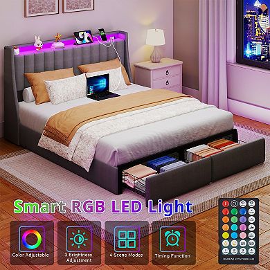 lufeiya Full/Queen Upholstered Storage Bed Frame with LED Lights,Charging Station,2 Drawers,Shelves