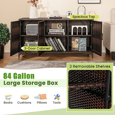 84 Gallon Patio Storage Box Wicker Outdoor Deck Box With Shelves