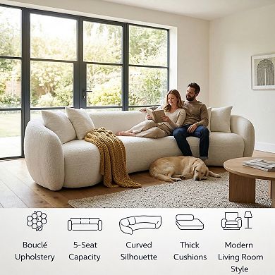 GOMYHOME 102" Curved Boucle Sofa, Modern 5-Seat Half Moon Living Room Couch with Pillows, White