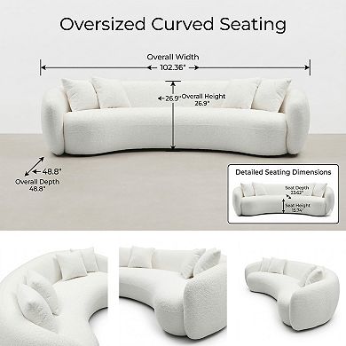GOMYHOME 102" Curved Boucle Sofa, Modern 5-Seat Half Moon Living Room Couch with Pillows, White