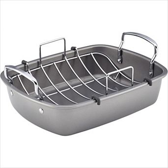 Gray Nonstick Steel Roaster 17x13 Inch with Rack, Oven Safe Roasting Pan