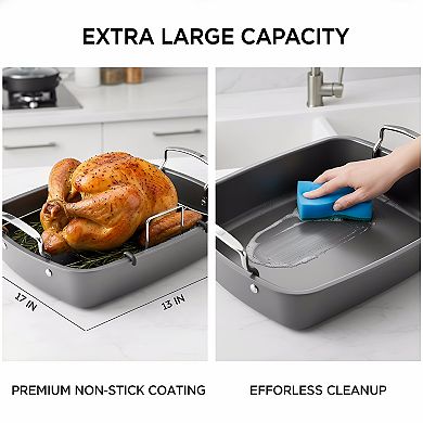 Gray Nonstick Steel Roaster 17x13 Inch with Rack, Oven Safe Roasting Pan