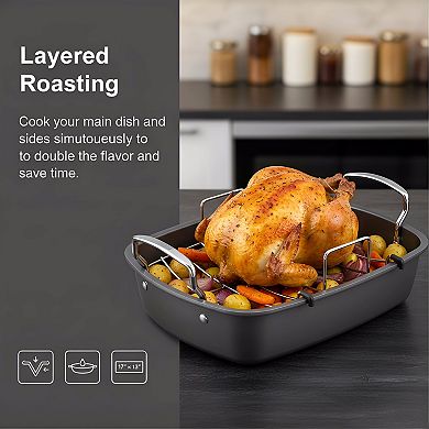 Gray Nonstick Steel Roaster 17x13 Inch with Rack, Oven Safe Roasting Pan