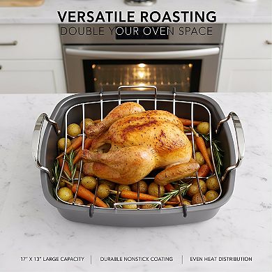 Gray Nonstick Steel Roaster 17x13 Inch with Rack, Oven Safe Roasting Pan
