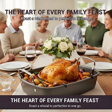 Gray Nonstick Steel Roaster 17x13 Inch with Rack, Oven Safe Roasting Pan