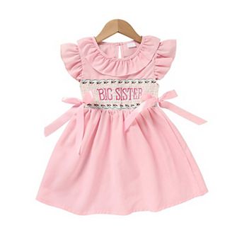 Girl's Ruffle Sleeve Dress Letter Embroidery & Bow Detail With Back Button Closure