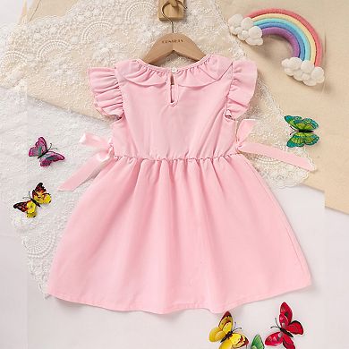 Girl's Ruffle Sleeve Dress Letter Embroidery & Bow Detail With Back Button Closure
