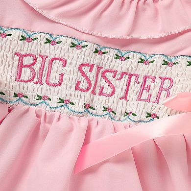 Girl's Ruffle Sleeve Dress Letter Embroidery & Bow Detail With Back Button Closure