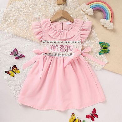 Girl's Ruffle Sleeve Dress Letter Embroidery & Bow Detail With Back Button Closure