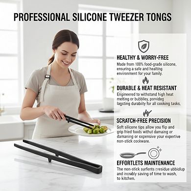 Black Silicone Kitchen Tweezer, Heat-Resistant Non-Stick Cooking Utensil